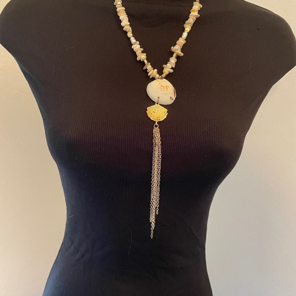 Boho Shell Tassel Necklace Gold Tone Coastal Beach Statement Jewelry‎ Cream